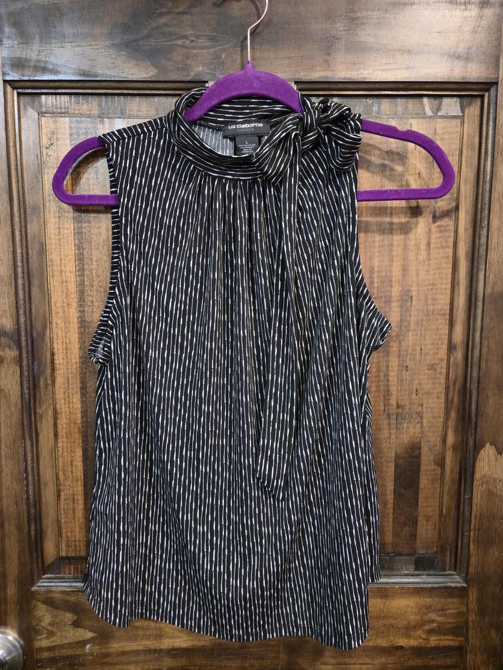 Liz Claiborne Black & White Striped Tie-Neck Sleeveless Blouse